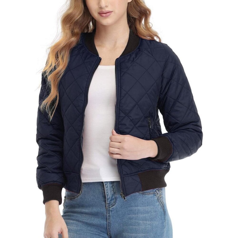 Women's Lightweight Zip Up Fashion Outerwear Dark Blue Quilted Bomber Jacket - Picture 2 of 5